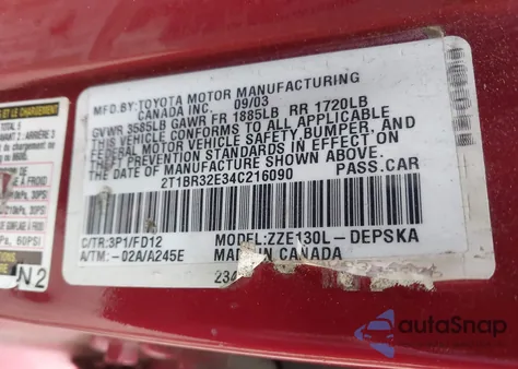 2004 Toyota Corolla S from USA, damaged, VIN 2T1BR32E34C216090